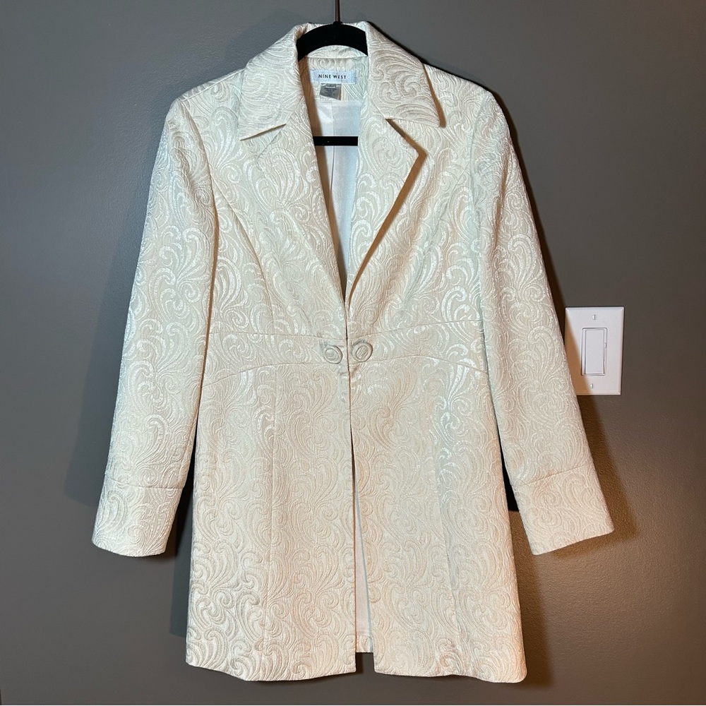 Elegant Cream Nine West Long Jacquard Dress Jacket